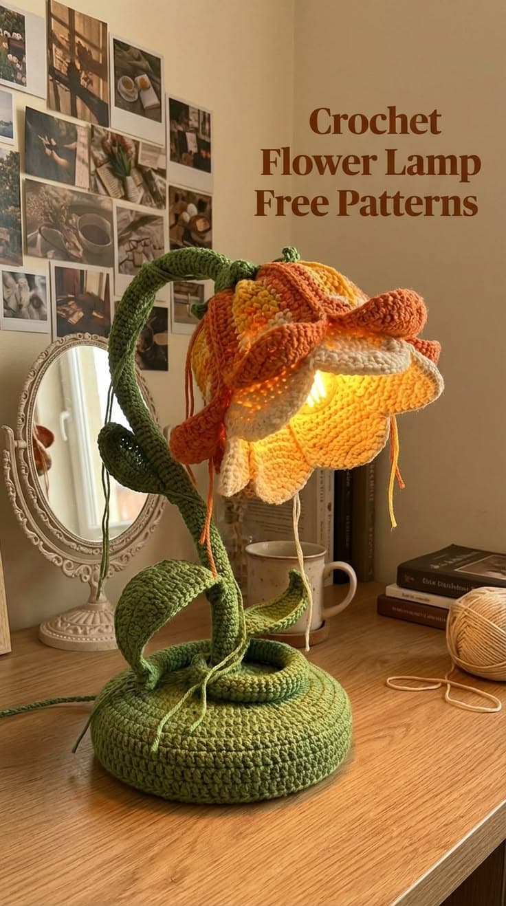 Crochet flower lamp glowing on a desk