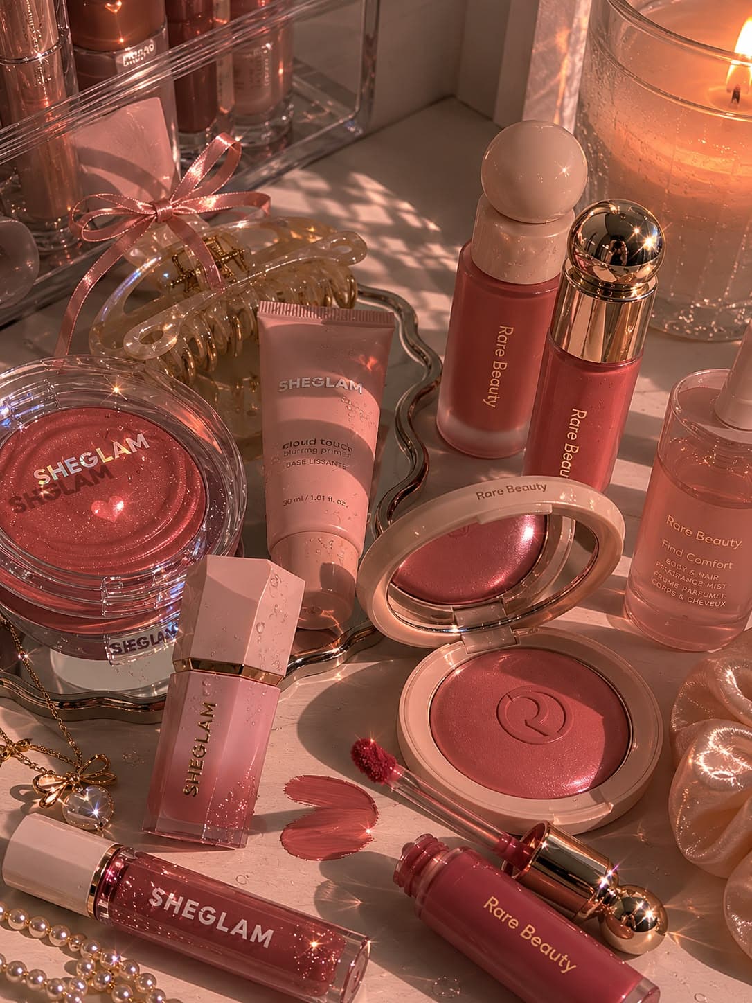 Curated highlighter and blush flatlay