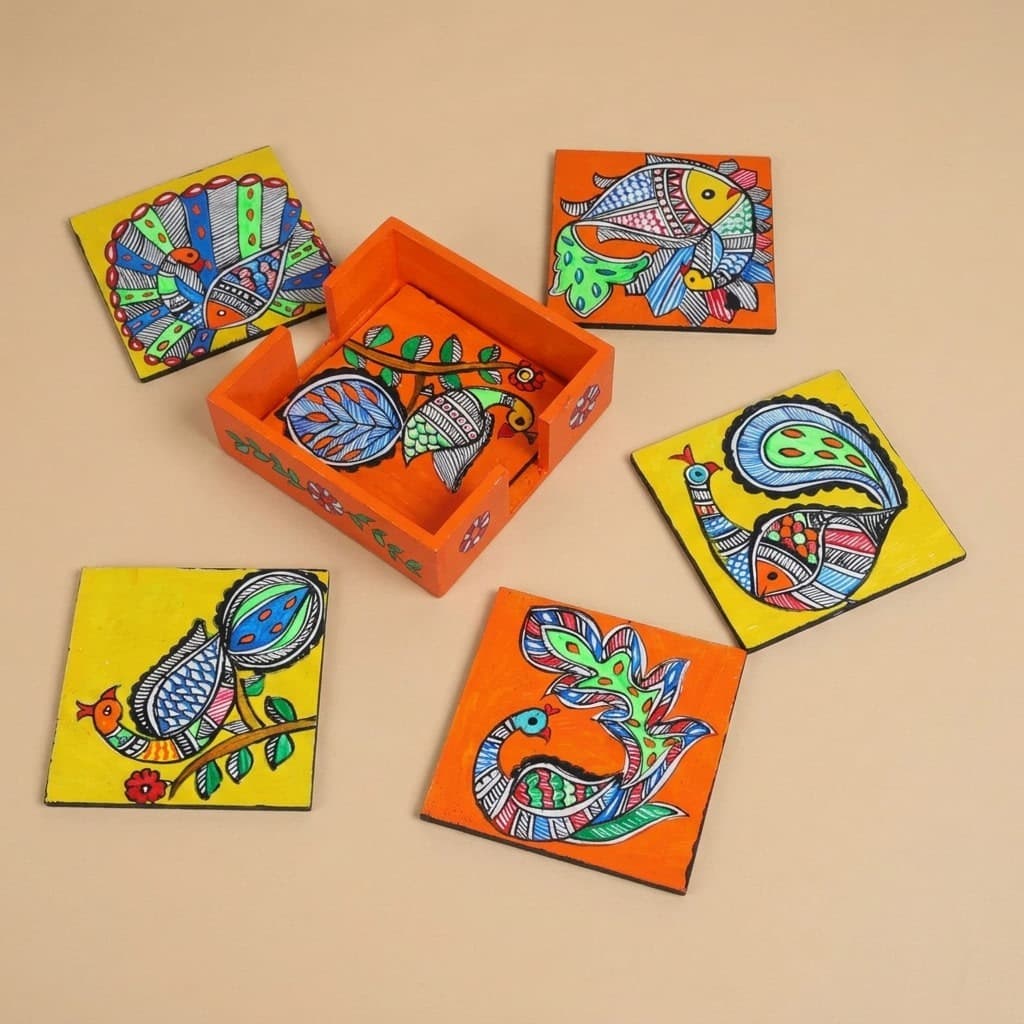 Handpainted Madhubani peacock coaster set with matching wooden holder
